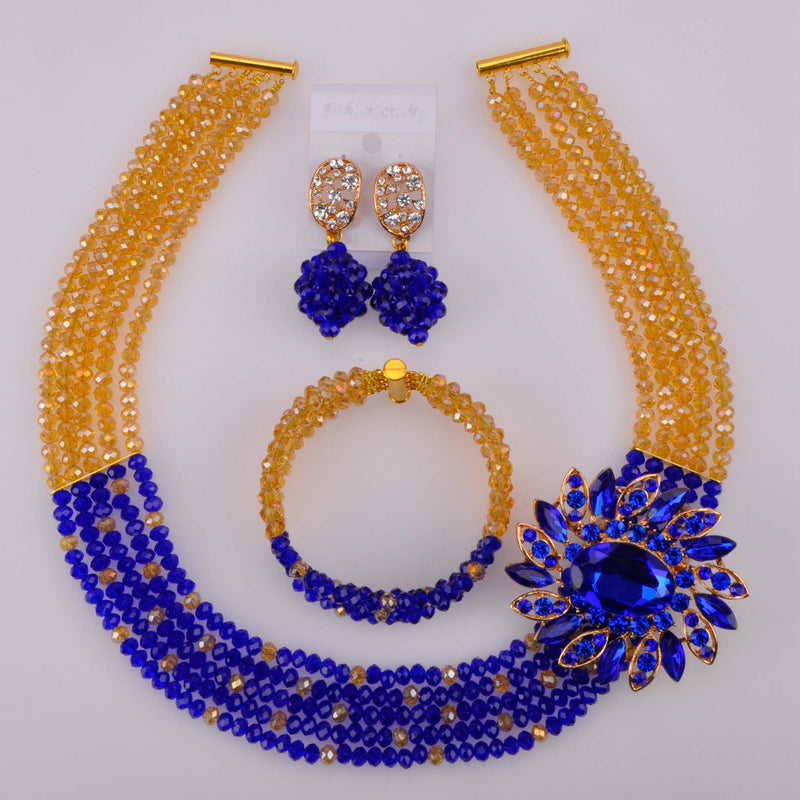 [Australia] - aczuv 5 Rows Women's Fashion African Beads Nigerian Necklace Bridal Wedding Jewelry Sets Gold AB Royal Blue 