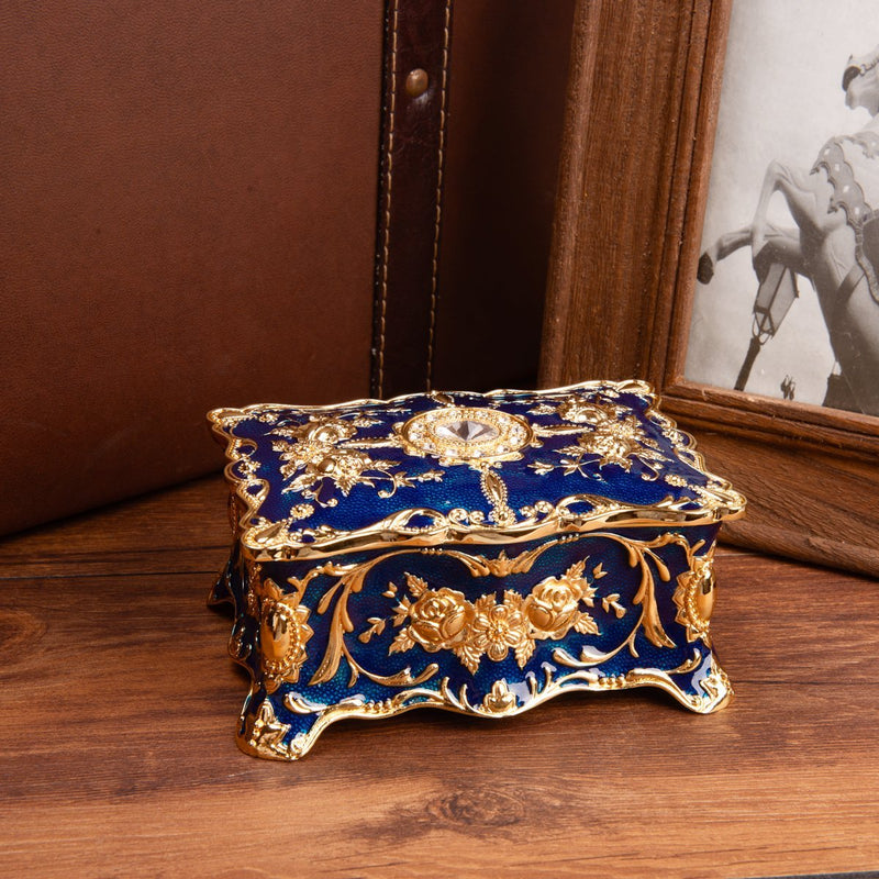 [Australia] - Feyarl Vintage Trinket Box Jewelry Box Wedding Ring Box Keepsake Box Treasure Box Chest Ornate Antique Finish Engraved with Dividers (4.72 x 3.34 x 2.24inch) Blue 