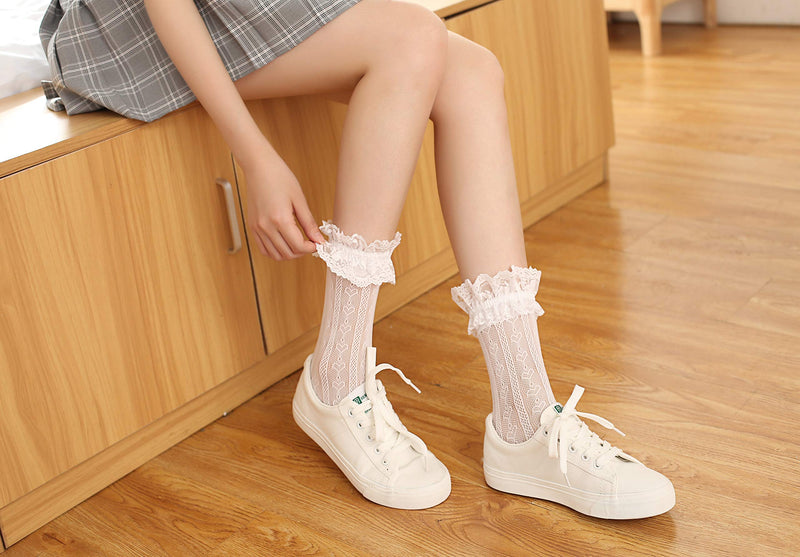 [Australia] - Flycheers women's Lace Anklet Sock with Ruffle, Ruffle Cup Lace Anklet Socks, Rose flowers/heart anklet socks 2 Pairs Heart White-2 