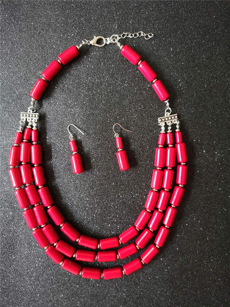 [Australia] - Ufraky Fashion Handmade Bead Multilayer Statement Necklace Bracelet Earrings Jewelry Set Red 