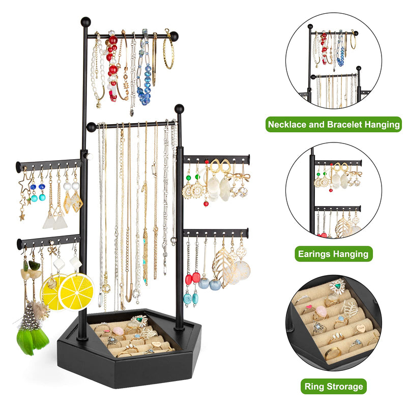 [Australia] - Miratino Jewelry Organizer Stand Jewelry Holder Double Rods 6 Tiers with Solid Wood Storage Hexagon Base for Necklaces Earrings Bracelets Rings Display Vintage Black 