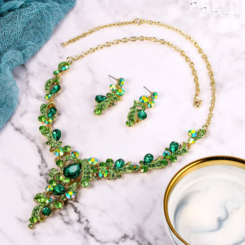 [Australia] - BriLove Women's Wedding Bridal Crystal Leaf Vine Teardrop Hollow Statement Necklace Dangle Earrings Set Emerald Color Gold-tone 