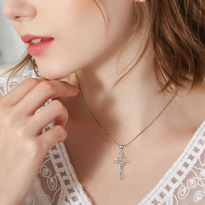 [Australia] - YFN Cross Necklace 925 Sterling Silver Celtic Knot Cross Infinity Heart Love Pendant Necklace 18" God Heart Cross Necklace 