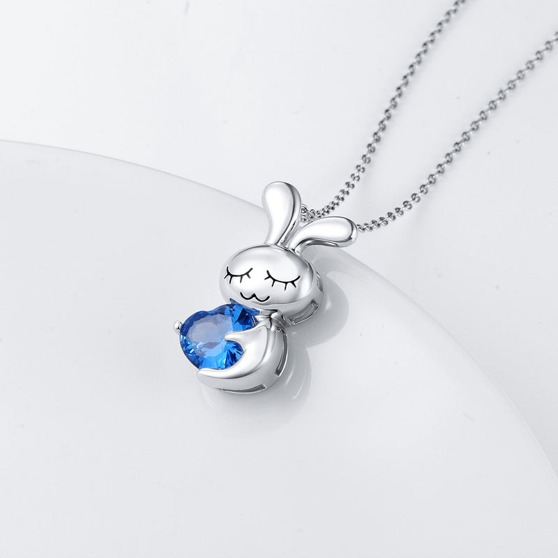 [Australia] - 925 Sterling Silver Cute Animal Jewelry Cubic Zirconia Love Heart Pendant Necklace for Women Teen Girls Girlfriend Birthday Gifts Mom Mother's Day Gifts, 18 inch 03_Blue Heart Rabbit 