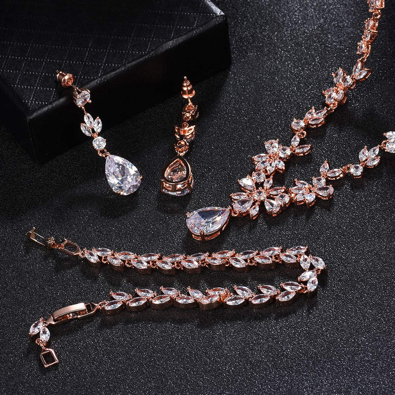 [Australia] - Hadskiss Jewelry Set for Women, Necklace Dangle Earrings Bracelet Set, White Gold Plated Jewelry Set with White AAA Cubic Zirconia, Allergy Free Wedding Party Jewelry for Bridal Bridesmaid Necklace + Earrings + Bracelet-Rose gold plated 