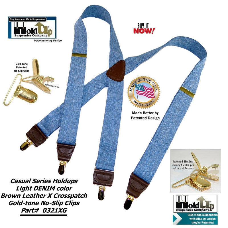 [Australia] - HoldUp Suspender company Light Blue Denim 1 1/2" X-back Suspenders with Patented No-slip Gold-tone Clips 