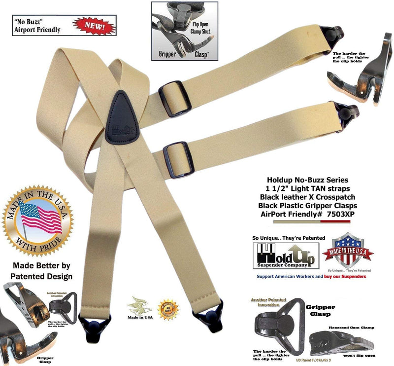 [Australia] - Holdup Suspender Brand No-buzz Series Airport Friendly light TAN Suspenders with black leather X-Back Crosspatch and Patented Gripper Clasps 