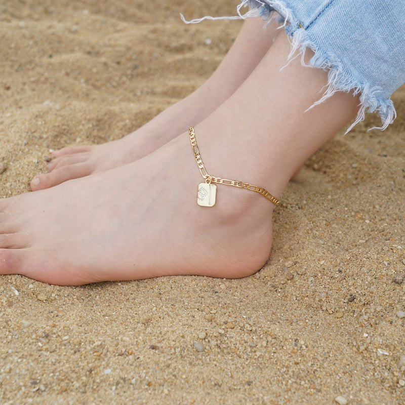 [Australia] - Estendly Initial Anklet 14k Gold Plated 4mm Figaro Chain Square Charm Ankle Bracelet 26 Letters Alphabets Friendship Jewelry for Women A 