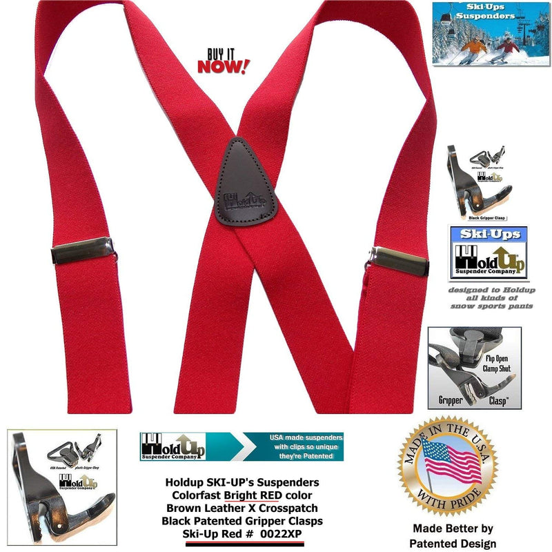 [Australia] - USA Made HoldUp Brand Ski-Ups series bright RED X-back Suspenders with Patented Black Gripper Clasps in 1 1/2" width 