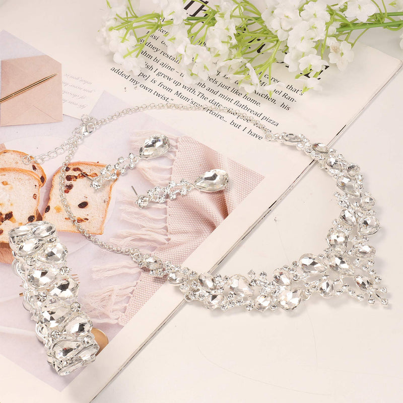 [Australia] - Udalyn Crystal Bridal Jewelry Sets for Women Necklace Earrings Bracelet Set for Wedding Rhinestone Bridesmaid Gifts fit with Wedding Dress A:3pcs-Silver Tone 