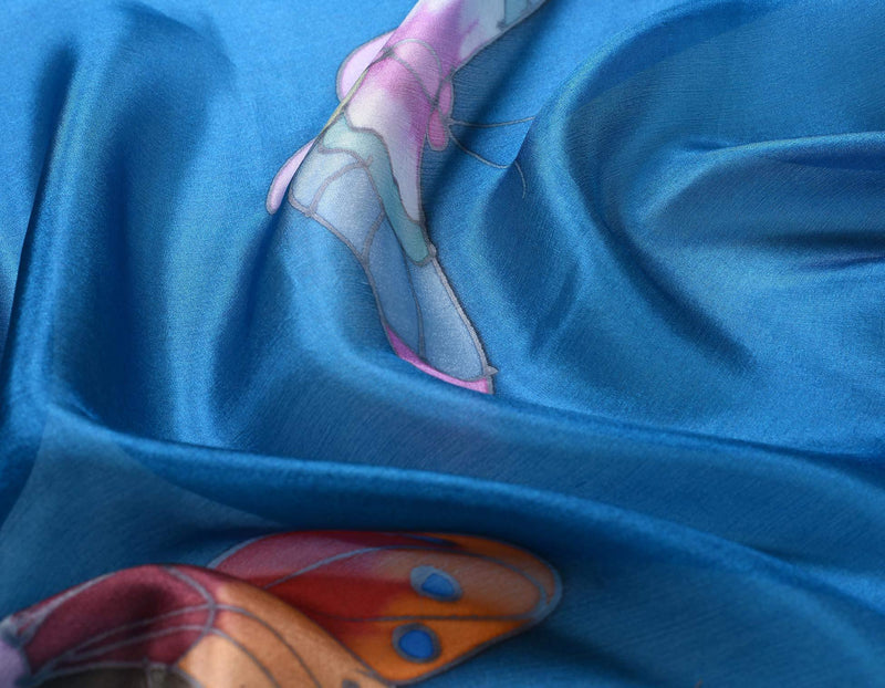 [Australia] - Invisible World Women's 100% Mulberry Silk Scarf Hand Painted Butterfly Long for Neck Hair or Head - Blue 