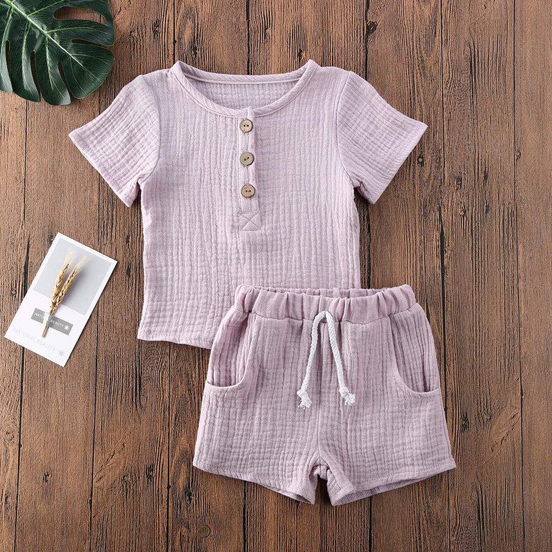 [Australia] - Kids Toddler Baby Boy Summer Outfits Linen Short Sleeve Shirts Tank Tops with Solid Shorts Set 2Pcs Clothes Set Light Purple 6-12 Months 