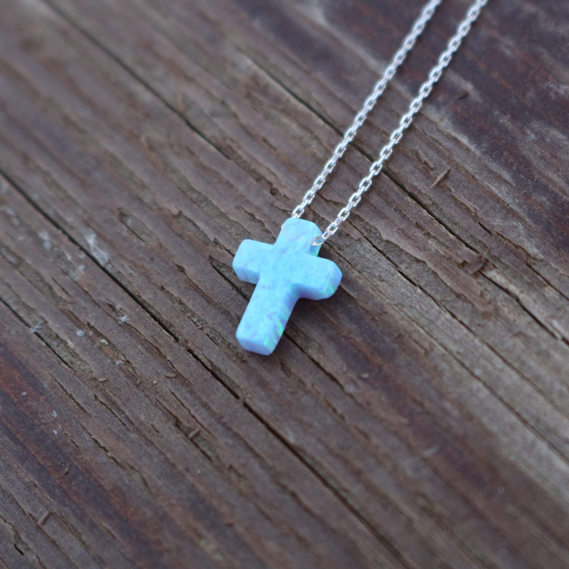 [Australia] - Women's Mini Blue Created Opal Cross Dainty Minimalist Pendant Necklace with 925 Sterling Silver Chain 16+2 inches Light Blue 