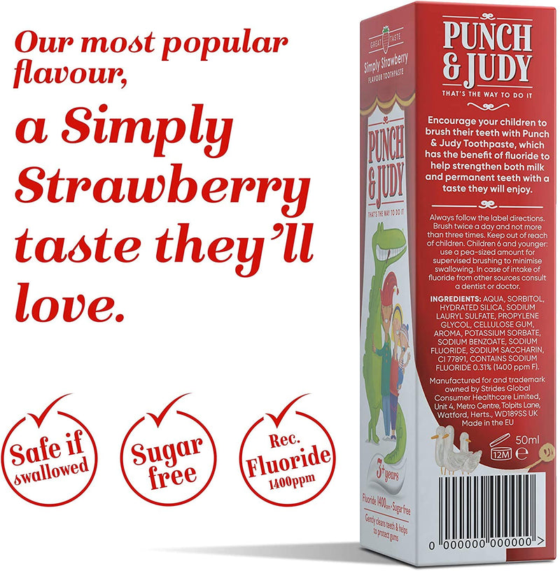 [Australia] - Punch & Judy Kids Toothpaste - Simply Strawberry Flavour, 3+ Years, Fluoride, Sugar Free (3 x 50ml) 79 g (Pack of 3) 