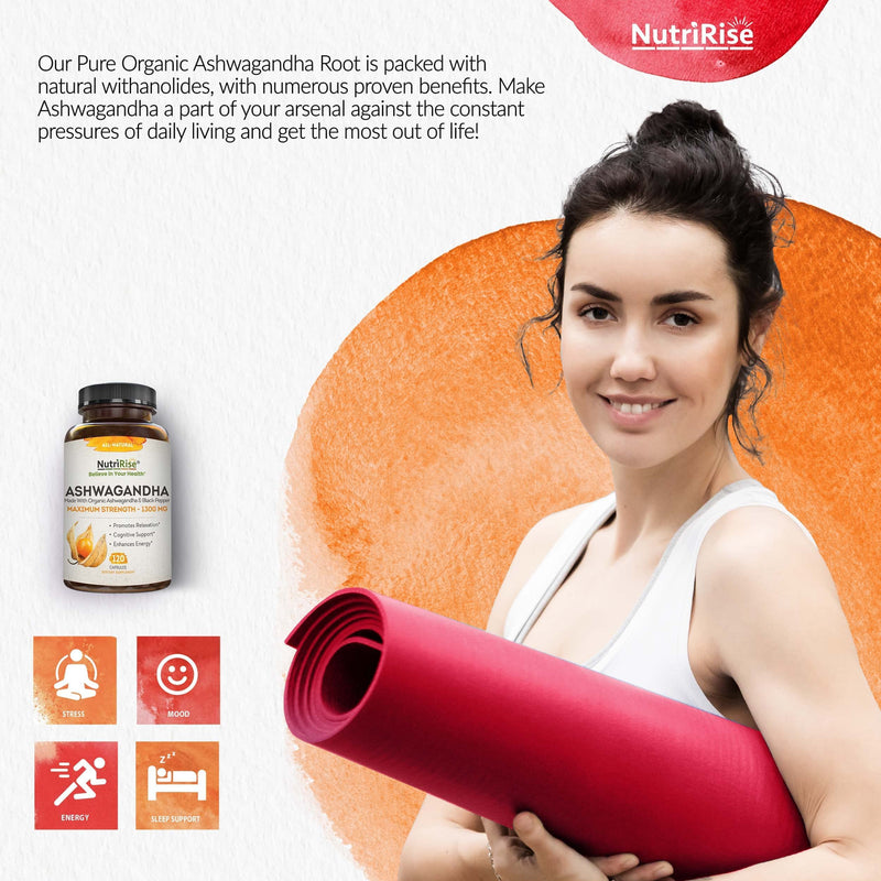 [Australia] - Organic Ashwagandha Capsules - High Potency 1300 mg: Ultimate Natural Sleep Support, Immune Support, Focus, and Energy Supplement with Black Pepper for Wellbeing and Vitality 