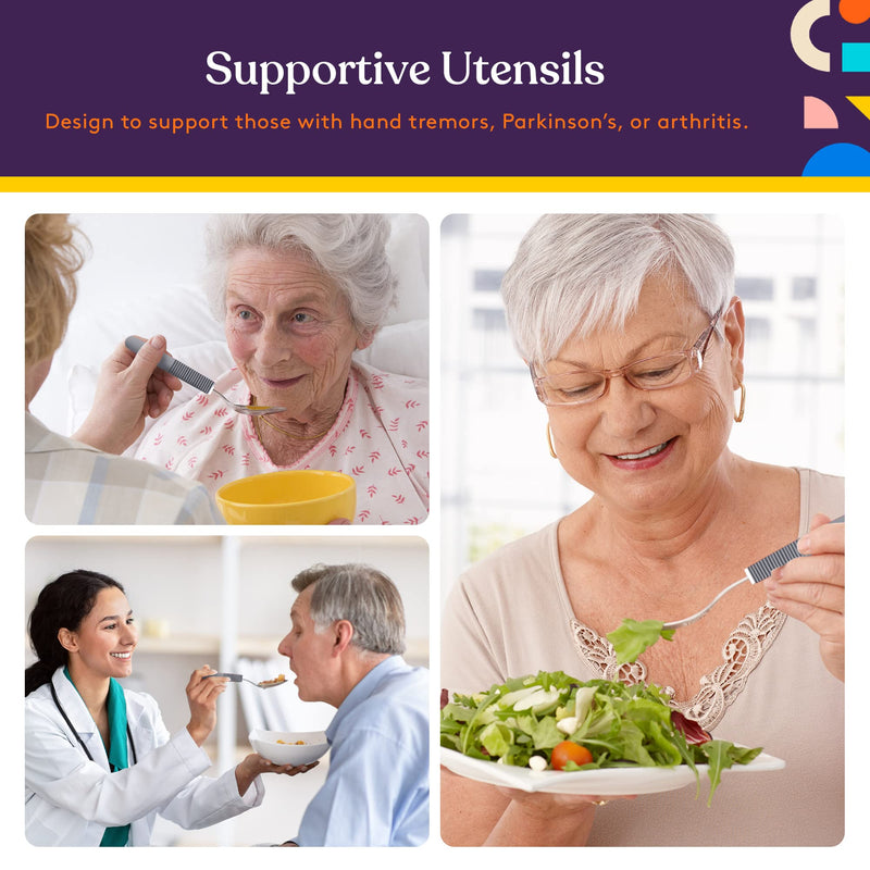 [Australia] - Special Supplies Adaptive Utensils (5-Piece Kitchen Set) Wide, Non-Weighted, Non-Slip Handles for Hand Tremors, Arthritis, Parkinson’s or Elderly Use - Stainless Steel Knives, Fork, Spoons - Grey 