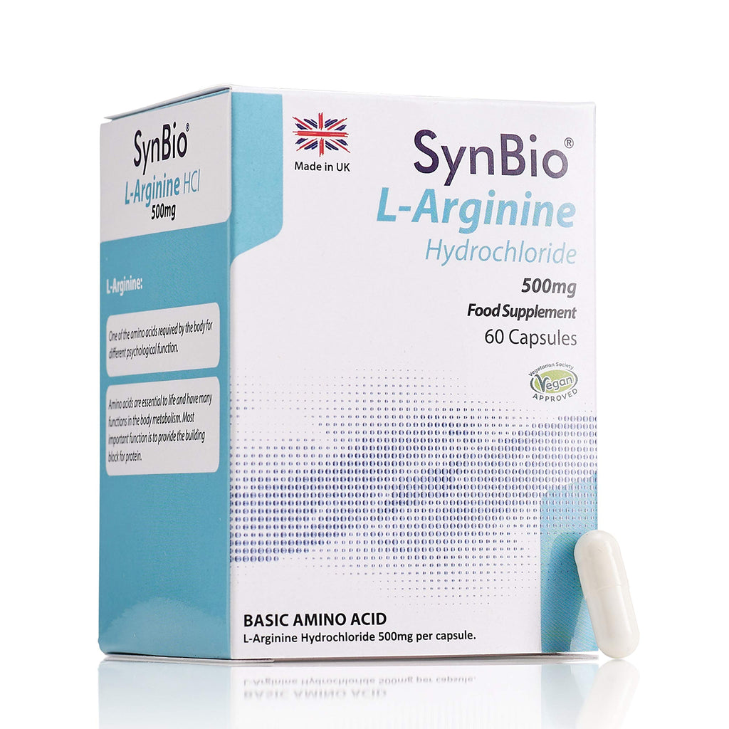 [Australia] - SynBio L-Arginine Hydrochloride 500mg | 60 Capsules | Vegan | Nut Free | SOYA Free | Dairy Free | Yeast Free | Sugar Free | Gelatin Free | Made in The UK 