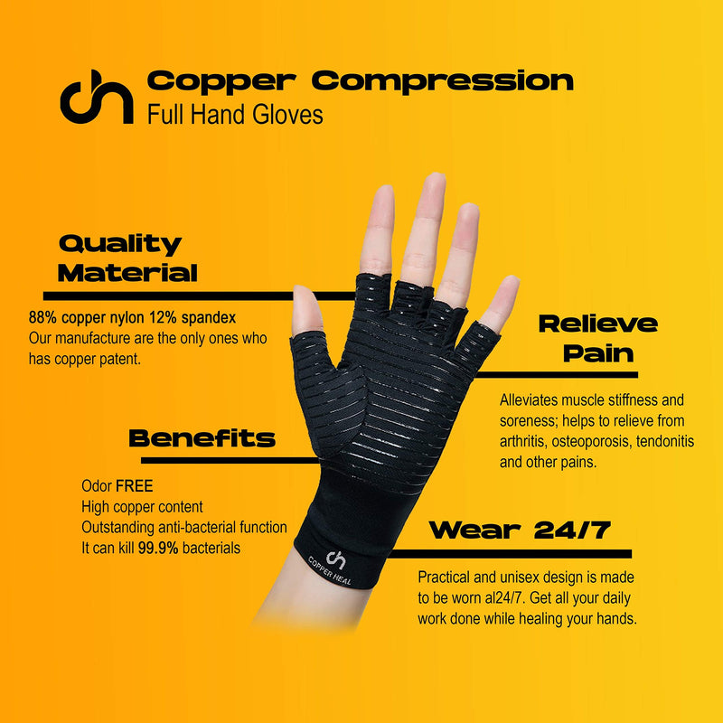 [Australia] - COPPER HEAL Arthritis Compression Gloves Rheumatoid Carpal Tunnel Glove Fingerless Pains Hands Support finger joint Large (1 Pair) 