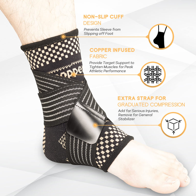 [Australia] - Compression Ankle Brace Set of 2, Copper Foot Brace with Arch Strap, Breathable Ankle Wrap for Women & Men, Ankle Stabilizer Brace for Sprained Ankle, Plantar Fasciitis, Running (L) Large 
