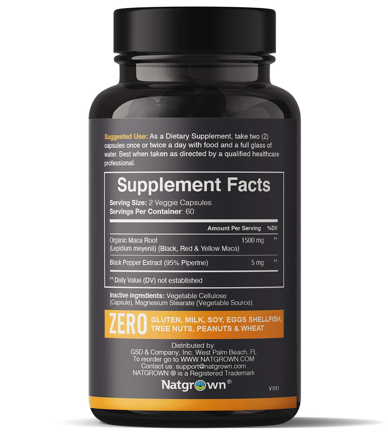 [Australia] - Organic Maca Root Powder Capsules 1500 mg with Black + Red + Yellow Peruvian Maca Root Extract Supplement for Men and Women - Vegan Pills 
