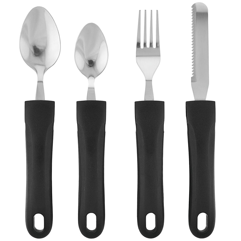 [Australia] - Adaptive Eating Utensils by Celley for Parkinson's, Arthritis, MS, Elderly, Hand Tremors, Handicapped | 4pc Easy Grip Silverware Stainless Steel Knife, Fork, 2 Spoons – (Black) Black 