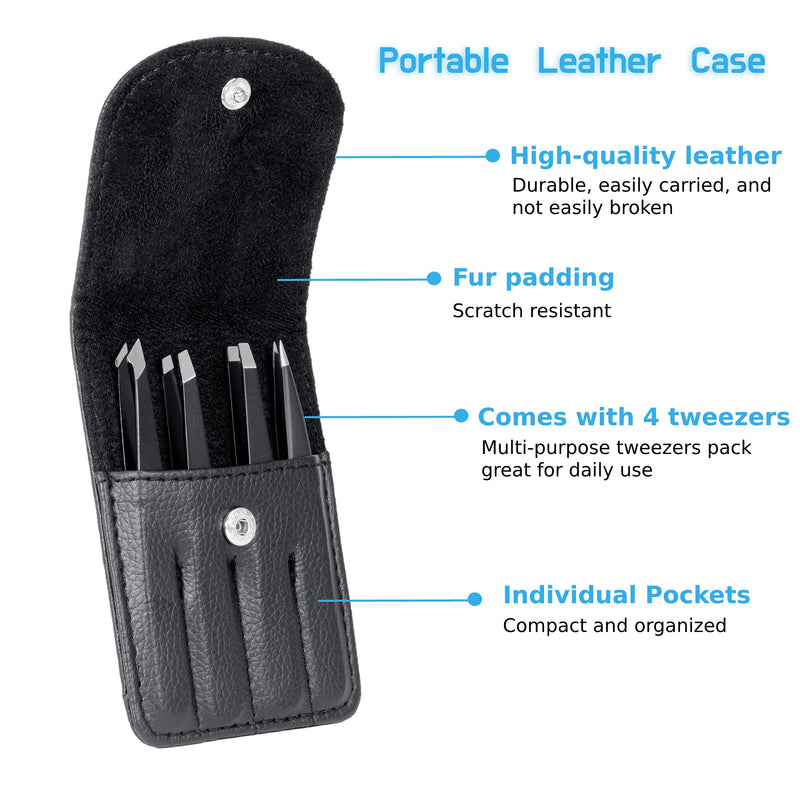 [Australia] - Rikans Precision Tweezers Set – Pack of 4 Black Professional Tweezers – Handy Carry Pouch – Superior Stainless Steel Tweezer Set – Splinters, Eyebrows, Facial or Ingrown Hair – Blackheads Remover 