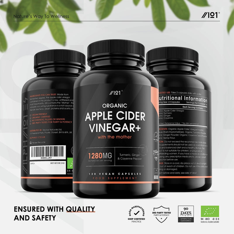 [Australia] - Organic Apple Cider Vinegar 1280mg - with Turmeric, Ginger & Cayenne Pepper - Raw Unfiltered with The Mother, Keto Diet, 120 Vegan Capsules 120 Count (Pack of 1) 