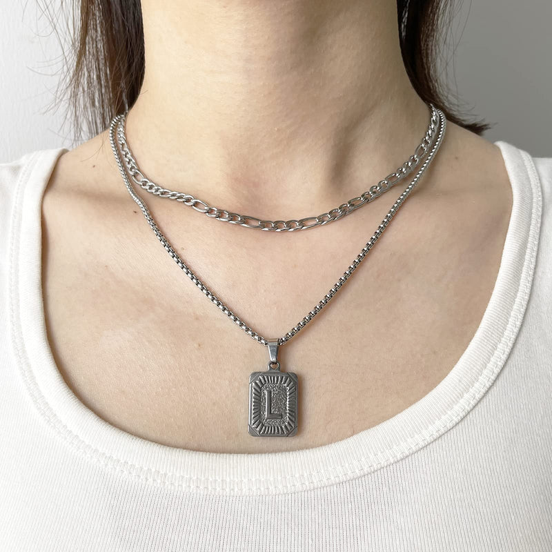 [Australia] - Silver Initial Necklaces for Men Women Square Initial Letter Pendant Necklace Capital Letter A-Z Necklace Box Chain 