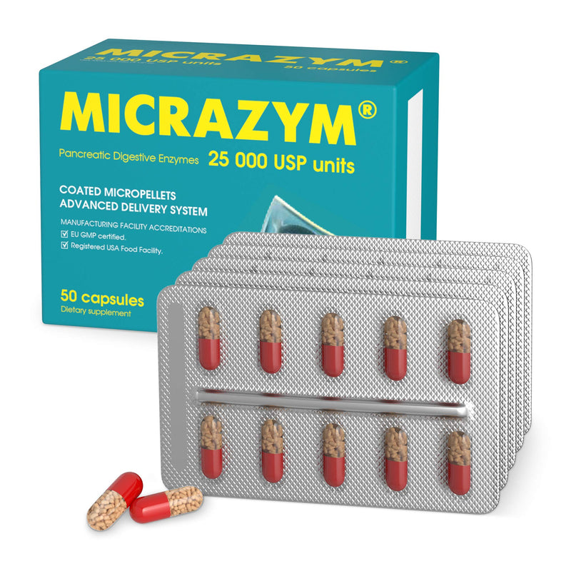 [Australia] - AVVA Pharmа Micrazym Pancreatic Enzymes - 25,000 USP Effective Pancreatic Enzyme Supplements - Digestive Enzymes for Digestion - 50 Fast-Acting Capsules with Amylase, Lipase and Protease 