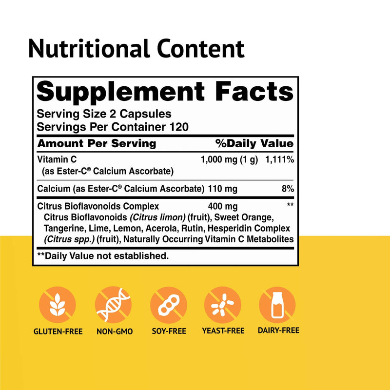 [Australia] - American Health Ester-C with Citrus Bioflavonoids Capsules - Gentle On Stomach, Non-Acidic Vitamin C - Non-GMO, 500 mg, 240 Count, 120 Servings 