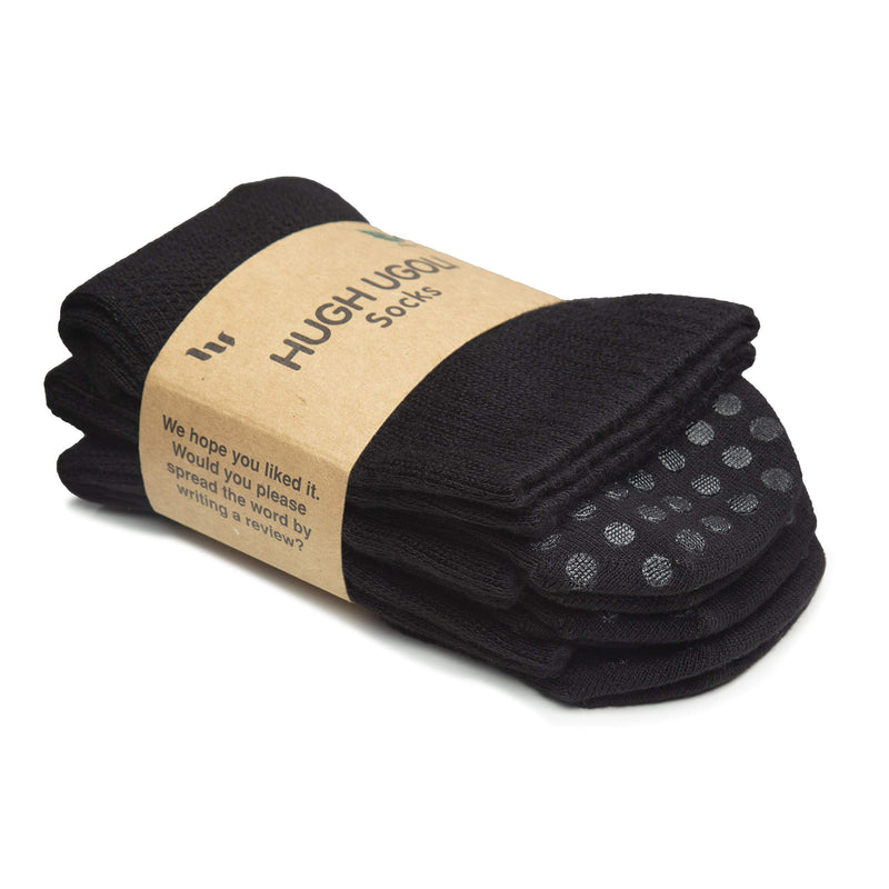 [Australia] - Hugh Ugoli Women's Bamboo Non Slip Grip Diabetic Crew Socks Thin Non Skid Hospital Socks With Seamless Toe, 3 Pairs 6-9 Black 