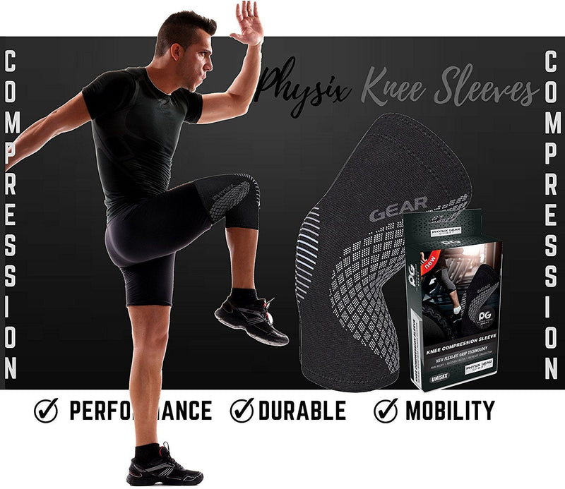[Australia] - Physix Gear Sport Knee Support Brace - Best No-Slip Knee Braces for Knee Pain Women & Men, Compression Knee Sleeves for Running Workout Walking Hiking Sports Arthritis ACL Torn Meniscus XX-Large | 24.5"-27" Black/Grey (Single) 