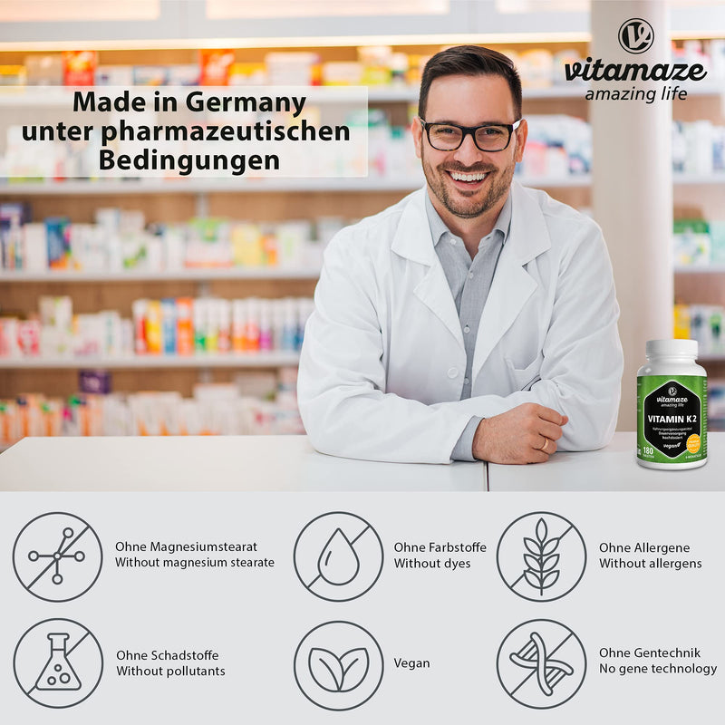 [Australia] - Vitamaze® Vitamin K2 MK-7 200 mcg Vegan & High Strength Menaquinone, 180 Tablets for 6 Months, German Quality, Natural & Organic Supplement Without Additives 