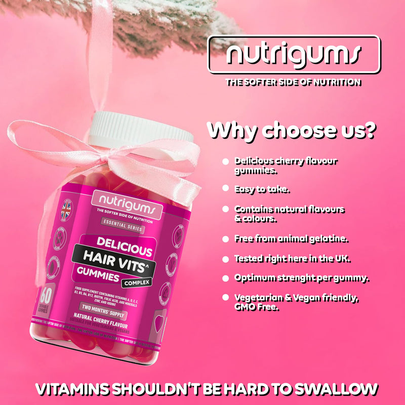 [Australia] - Hair Vitamin Biotin Complex | 60 Vegan Cherry Flavour Gummies | Two Month Supply | Contains 12 Essential Nutrients with Biotin, Zinc & Vitamin A & C by NUTRIGUMS� 