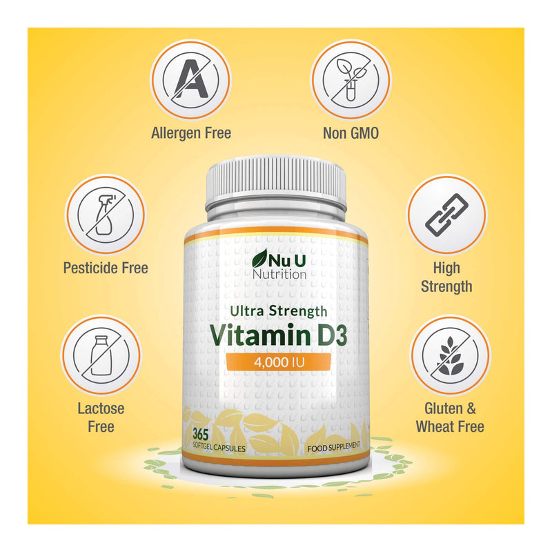 [Australia] - Vitamin D3 4000 IU, 365 Softgel Capsules NOT Tablets, Full Year Supply, Easy to Swallow Quadruple Strength Vitamin D3 Supplement 