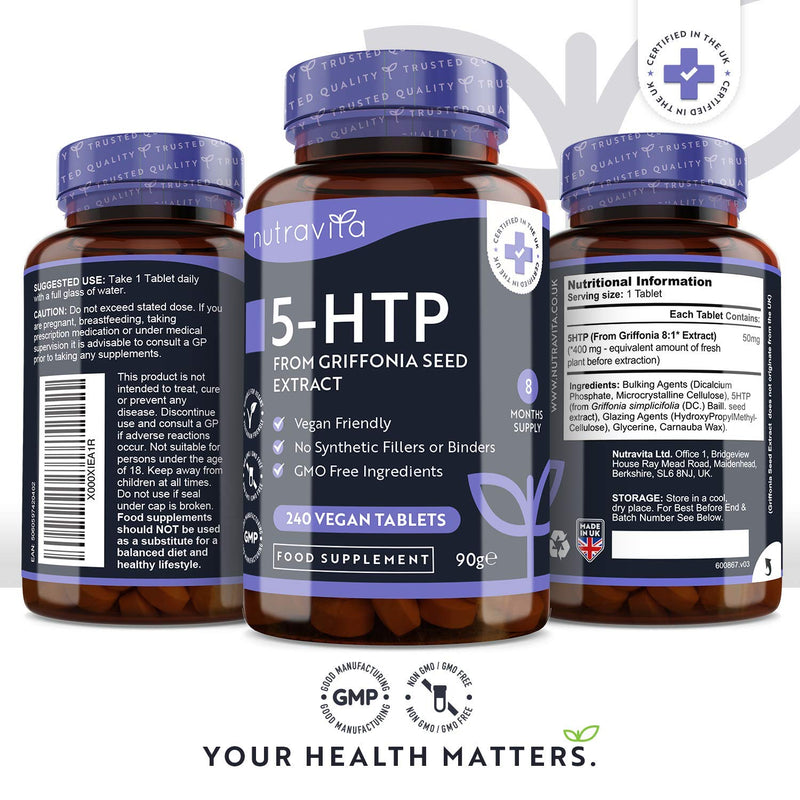 [Australia] - 5HTP – 400mg Griffonia Seed Extract – 240 Vegan Tablets – 8 Months Supply of High Strength 5-HTP - 50mg from 400mg Griffonia Seed Extract – Made in The UK by Nutravita 