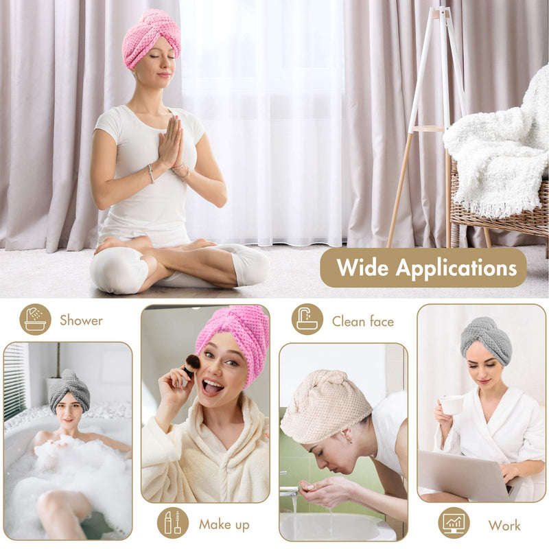 [Australia] - CHOOBY 3+1 Pack Hair Towel Wrap Fast Drying Hair Turban, Anti-Frizz Microfiber Wet Hair Wrap Towel for Women, Ultra Absorbent Hair Dry Towels Cap for Bath Makeup Washing face(Pink/Beige/Gray) Pink/Beige/Gray 