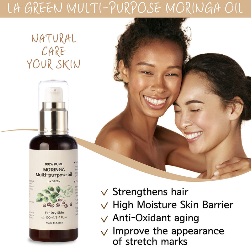 [Australia] - USDA Organic Moringa Oil Pure Multi purpose Skin Oil - for Face, Body, Hair - Food Grade, Oral Consumption - USDA Certified, Non GMO, Cold Pressed, Unrefined. bottle with Pump. Face Oil(3.4 fl oz) LA GREEN 