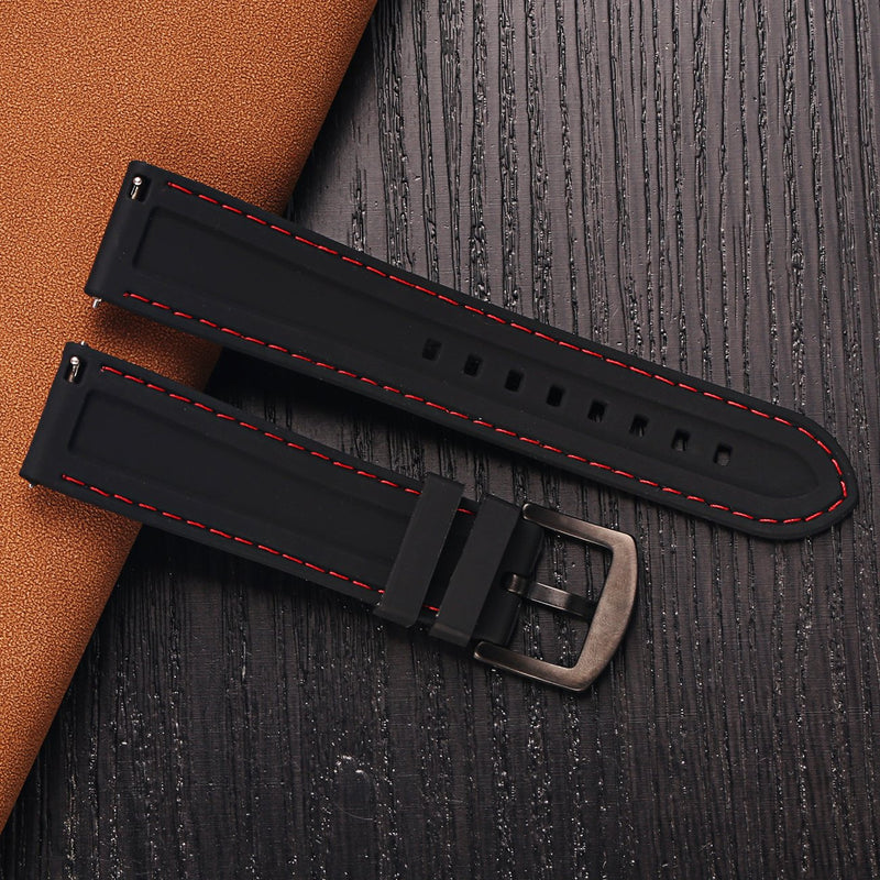 [Australia] - Carty Quick Release Watch Straps (20mm or 22mm) - Soft Silicone Rubber Replacement Watch Band 18mm Black+RedStitching+BlackClasp 