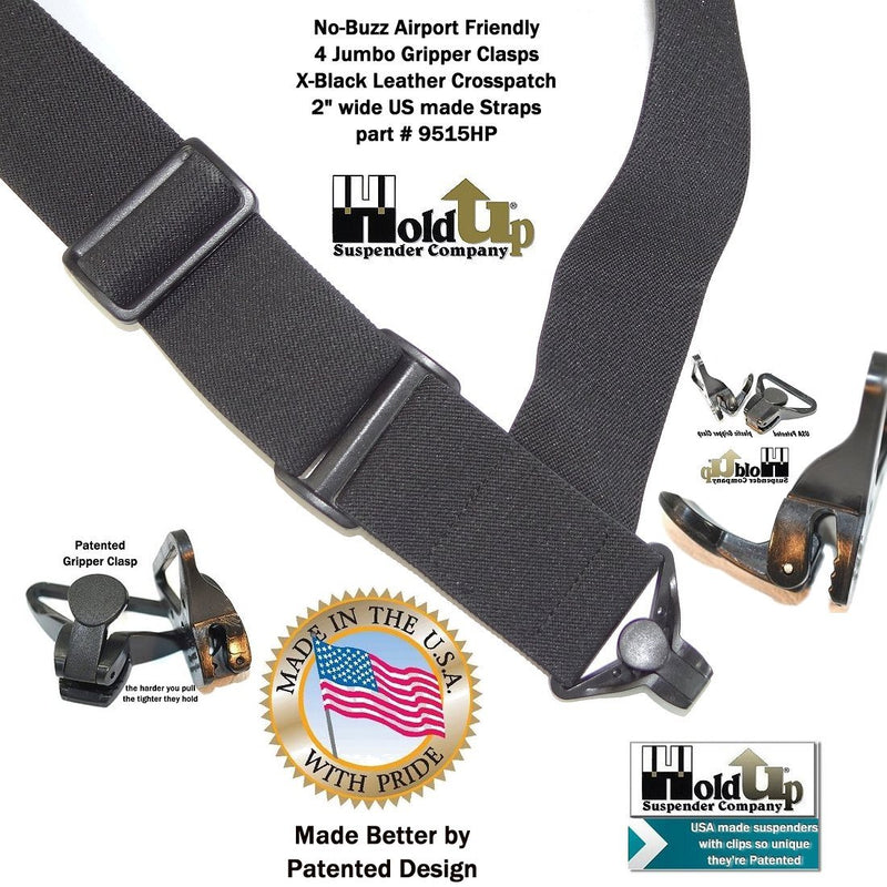 [Australia] - Airport Friendly Holdup Brand No-buzz Black 2" wide Hip Clip Suspenders with patented Jumbo Composite Plastic Gripper Clasps 