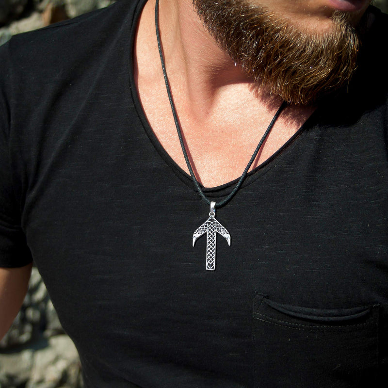 [Australia] - Viking Rune Tiwaz Teiwaz Tyr Necklace - 925 Sterling Silver - Pendant with Celtic Knot and Raven Heads - Norse Mythology Amulet Talisman- Nordic Scandinavian Runic Jewelry for Men Women - Handmade 