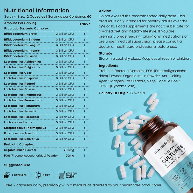 [Australia] - Bio Cultures Complex 60 Billion CFU, 20 Active Strain 120 Vegan Capsules (2 Months Supply) - Live Friendly Bacteria Gut Health Supplement for Men & Women -Lactobacillus Gasseri, Reuteri & Acidophilus 