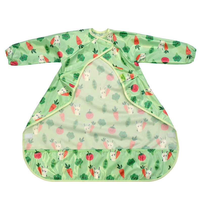 [Australia] - Bibetta Wipeezee XL Coverall Weaning Bib - Baby Bib with Sleeves - Wipe Clean Coverall Bib for Baby and Highchair Baby Led Weaning Unisex for Babies and Toddlers 6 Months +… Green - Bunny & Veg 