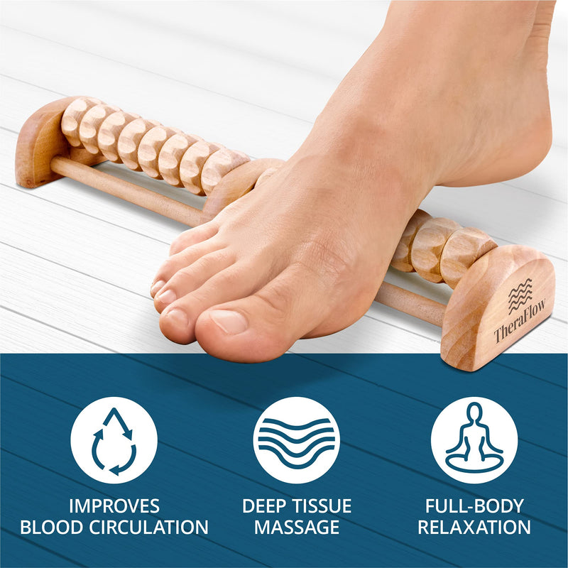 [Australia] - TheraFlow Foot Massage Roller - Plantar Fasciitis & Stress Relief, Reflexology Massager for Diabetic Neuropathy - Relieves Pain Through Acupressure, Relaxation Gift for Women - Dual, Wooden Small - S 