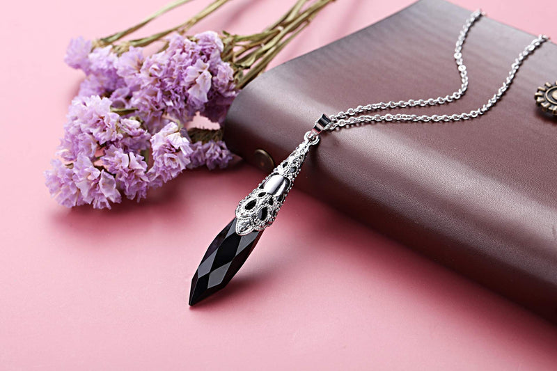 [Australia] - Top Plaza Natural Healing Crystal Stone Necklace Antique Silver Gemstone Point Pendulum Necklaces Reiki Quartz Jewelry for Women Girls Black - Obsidian 