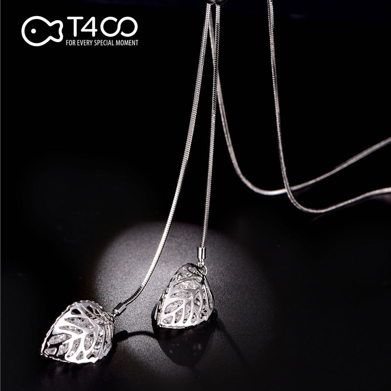 [Australia] - T400 White Golden Double Leaves Long Sweater Chain Pendant Necklace with Cubic Zirconia for Women Girls 