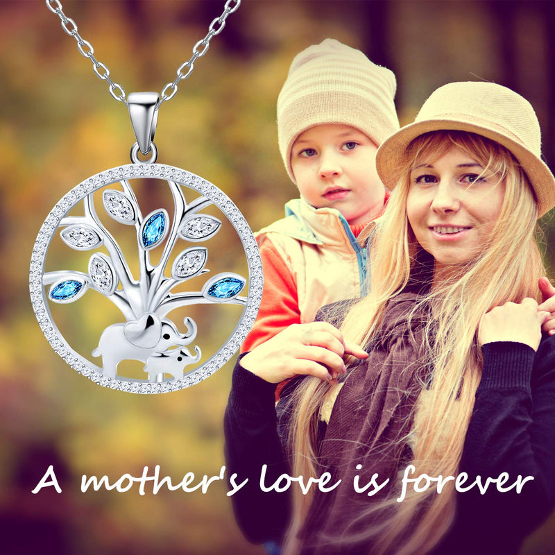 [Australia] - Distance Mother and Child Lovely Elephant Tree of Life Round Pendant Necklace 925 Sterling Silver Animal Jewelry Gifts for Mom Daughter 