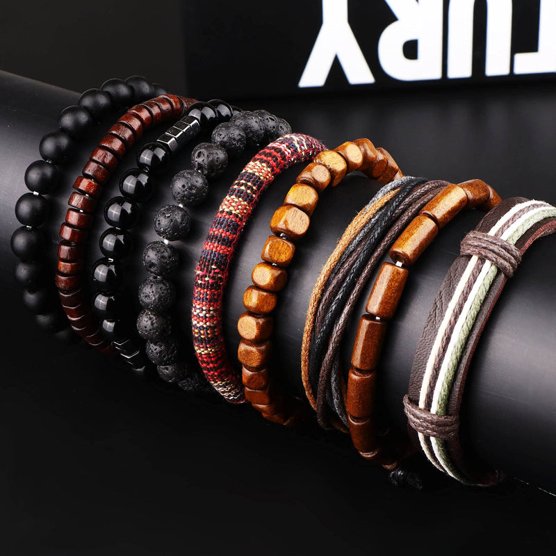 [Australia] - FIBO STEEL 8-9 Pcs Braided Leather Bracelets for Men Women Wrap Tiger Eye Lava Rock Beads Bracelet Woven Ethnic Tribal Rope Wristbands Bracelets Set Adjustable 9 Pcs black magnet 