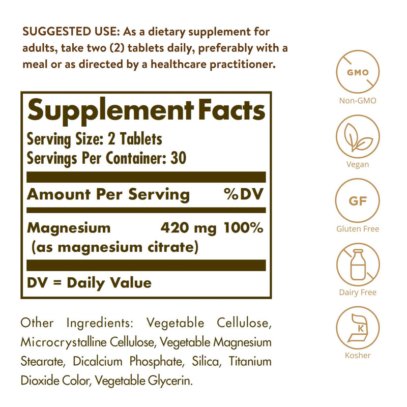 [Australia] - Solgar Magnesium Citrate, 120 Tablets - Promotes Healthy Bones - Supports Nerve & Muscle Function - Non GMO, Vegan, Gluten Free, Dairy Free, Kosher - 60 Servings 