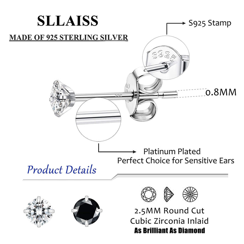 [Australia] - Sllaiss 8 Pairs Sterling Silver Cubic Zirconia Stud Earrings Tiny 2.5mm White Black Round CZ Stud Earrings Set for Women 